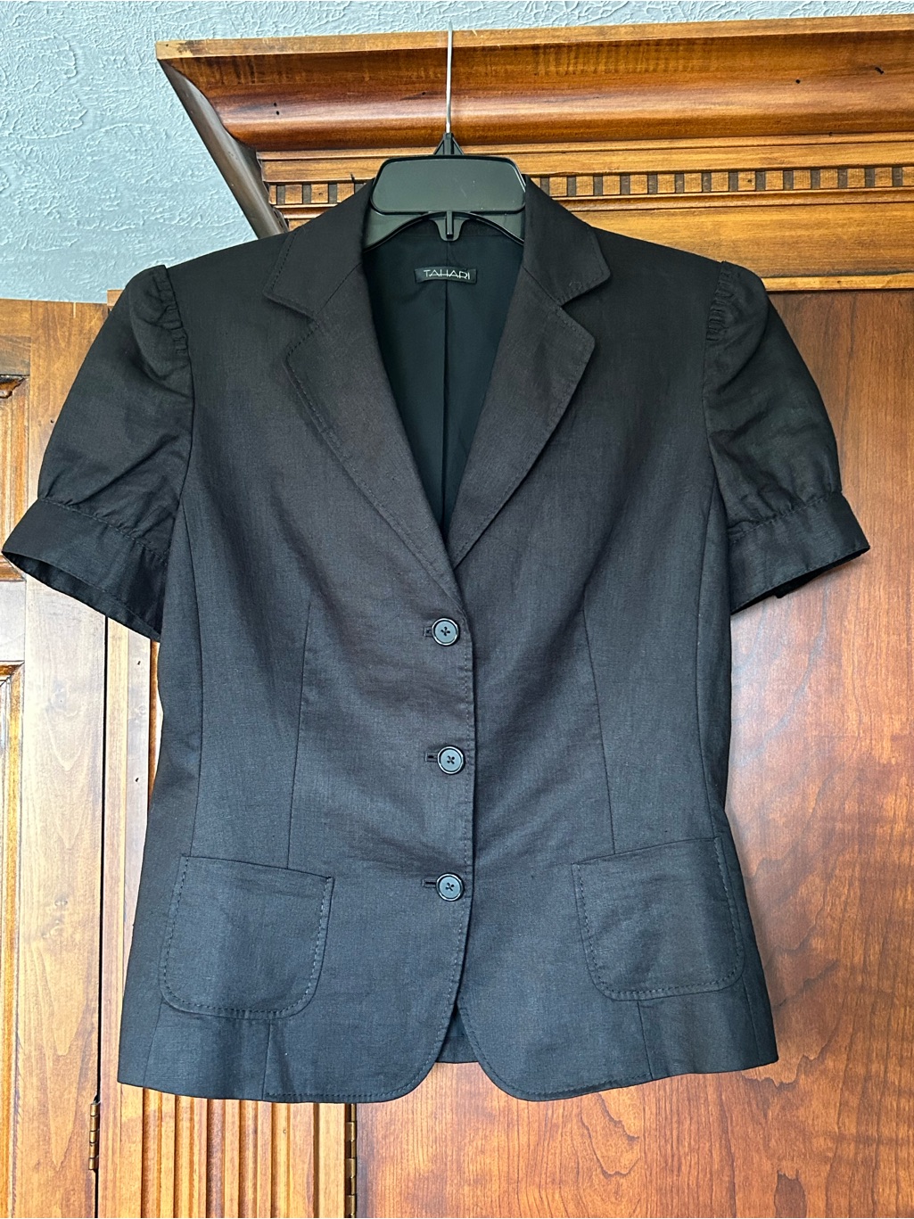 Tahari Black Short-Sleeve Tailored Blazer With Patch Pockets, Stitching Details